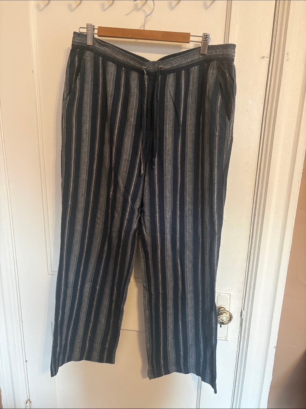 Cute & Comfy Navy and Gray Vertical Stripe Drawstring Linen-blend Pants